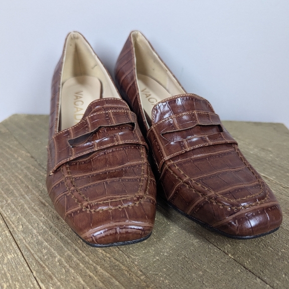Vagadi Brown Croc Embossed Leather Loafers Size 37 Women’s 7 Made in Turkey Bloc - Picture 3 of 12